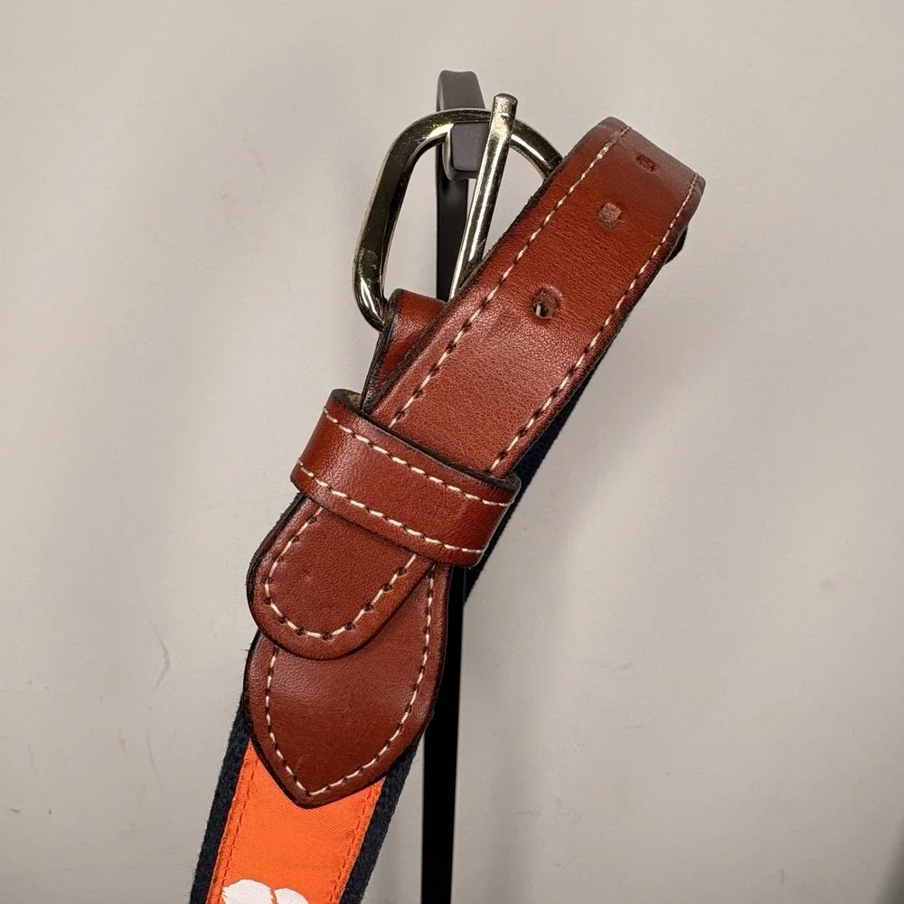CLEMSON TIGERS Canvas Leather Belt Orange Solid Brass Buckle Boys Size 22‎ L 30